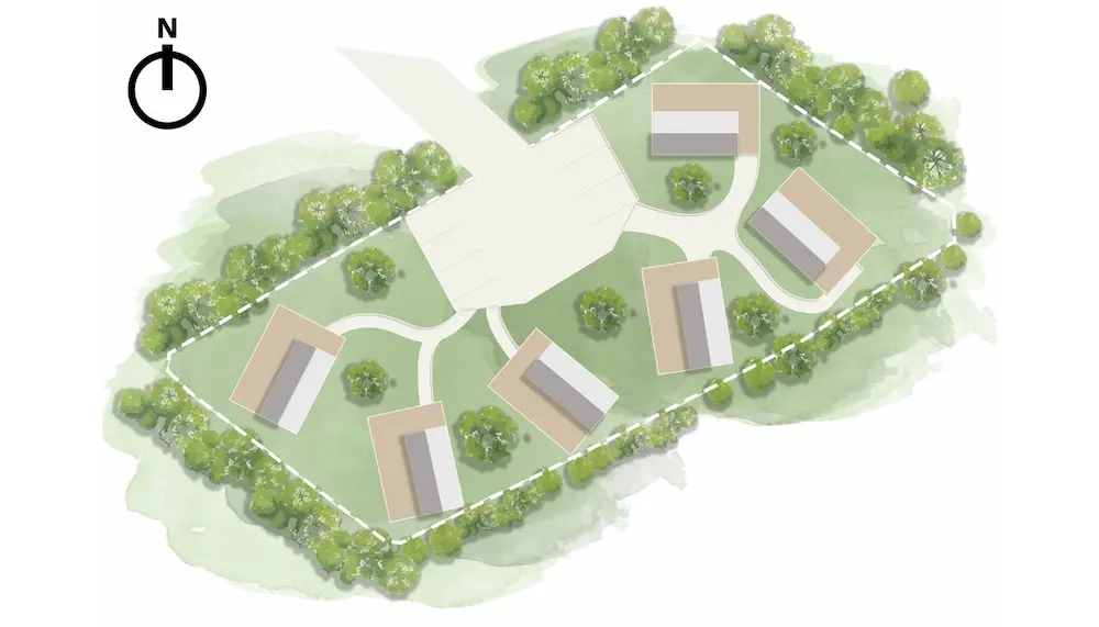 Plattegrond van een vakantiepark met zes huisjes en een weg.