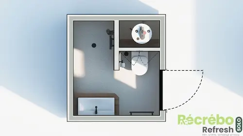 Plattegrond van een badkamerunit met douche, toilet, wastafel en bad.