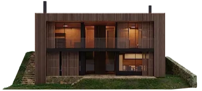 Rendering van een modern houten huis met twee verdiepingen, ramen en een trap.