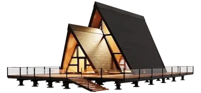 Render van een modern vakantiehuis met puntdak op een vlonderterras.
